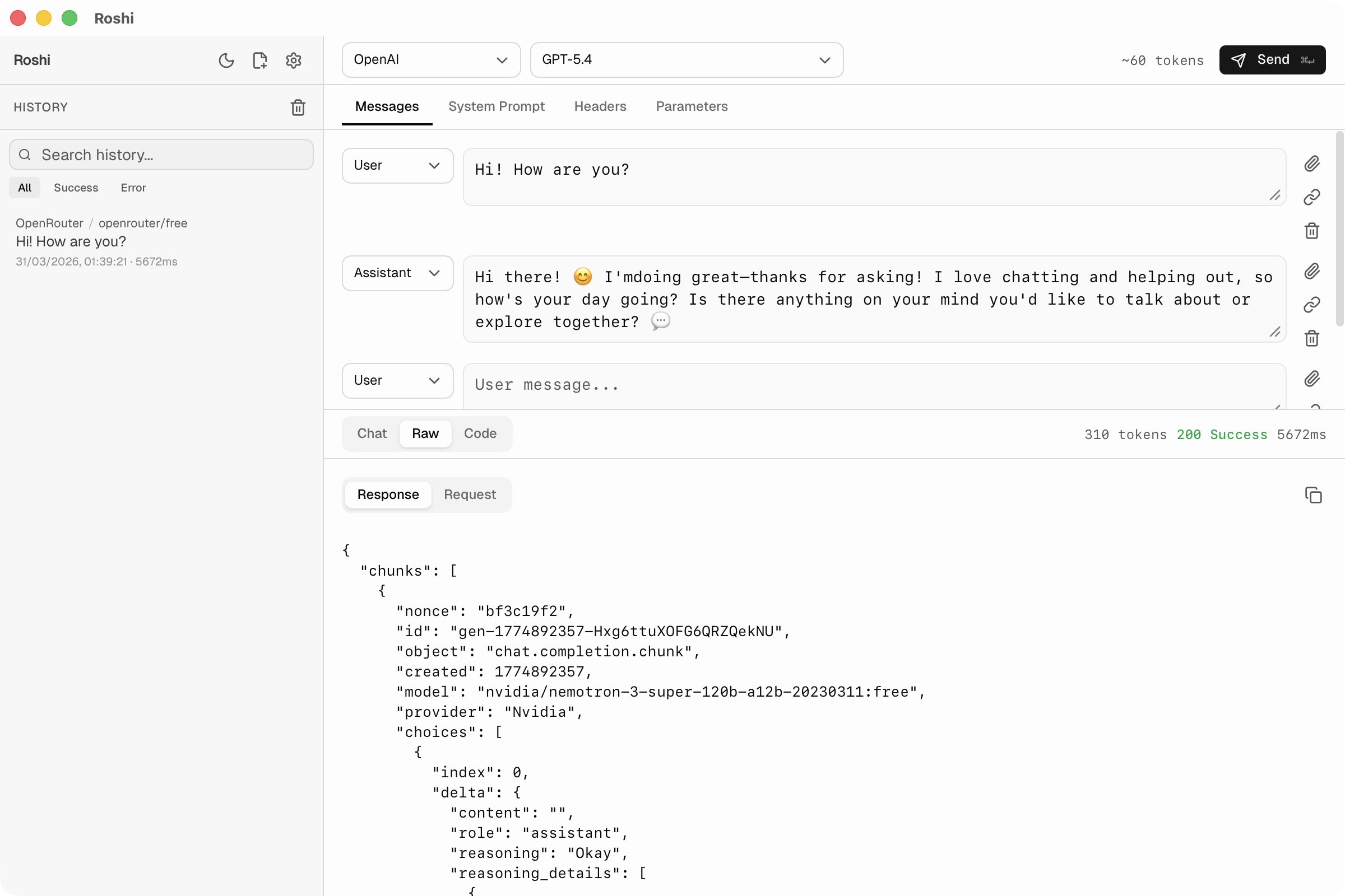 Roshi interface showing request composer, streaming response, and history
